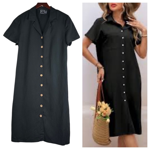 Lennie LNY New York Midi Dress Shirtdress Sz 14 XL Black LINEN Coastal Chic - Picture 1 of 4